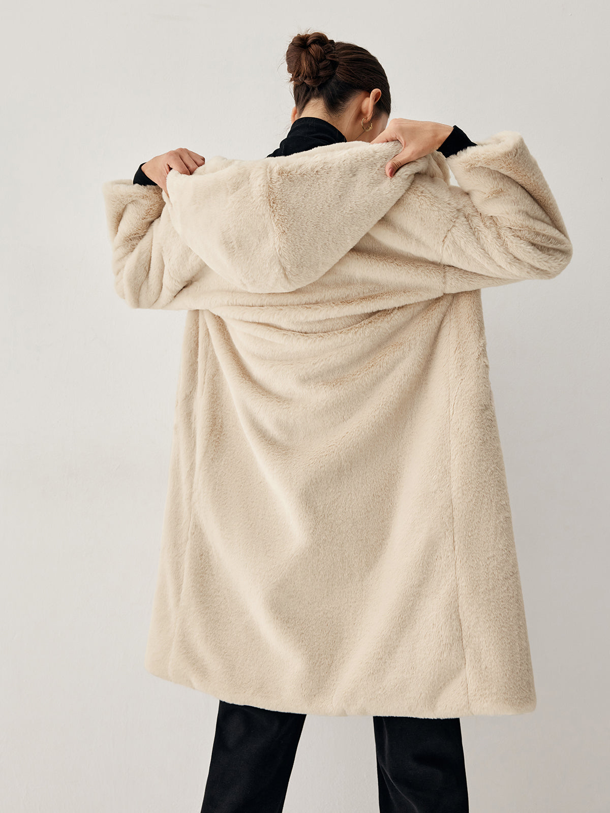 Apricot Faux Fur Hooded Longline Coat